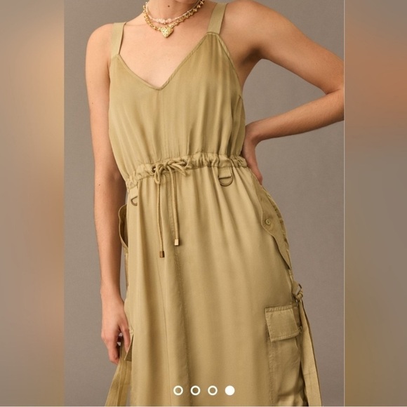 Love The Label- Olive Green Silk Cargo Pocket Canvas Strap Midi Dress - Picture 5 of 7
